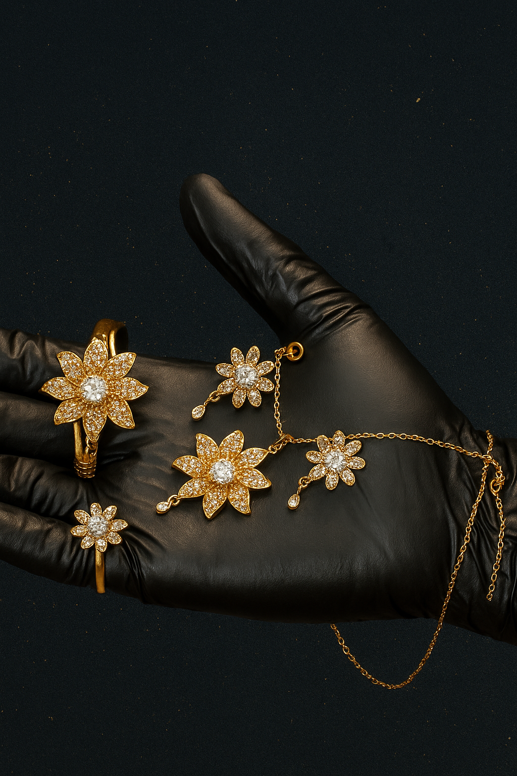 Floral Diamond-Inspired Jewelry Set – Bracelet, Ring, Necklace & Earrings