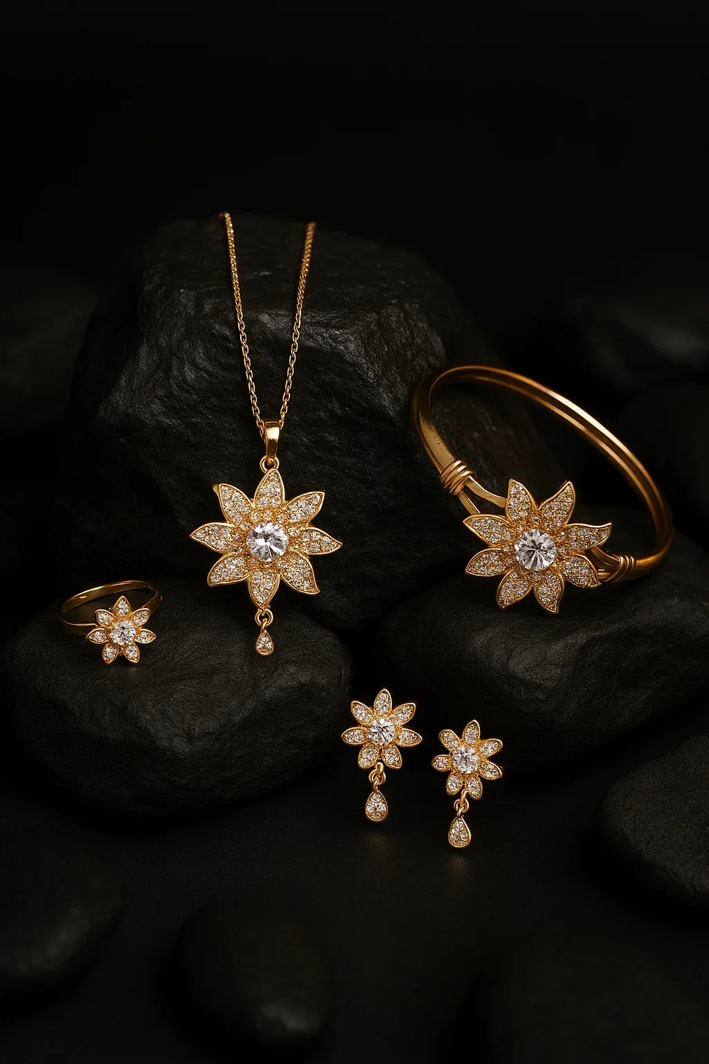 Floral Diamond-Inspired Jewelry Set – Bracelet, Ring, Necklace & Earrings