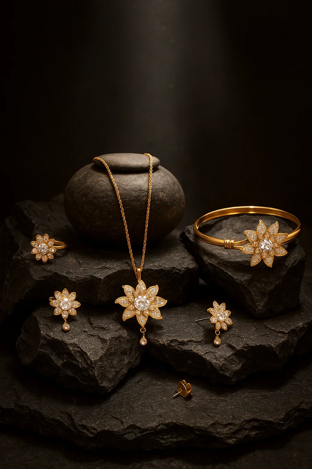 Floral Diamond-Inspired Jewelry Set – Bracelet, Ring, Necklace & Earrings