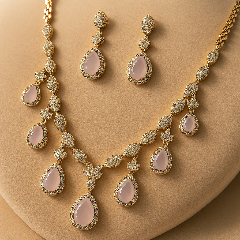 Luxury Marquise Leaf Pattern Gold Necklace with Blush Pink Stones