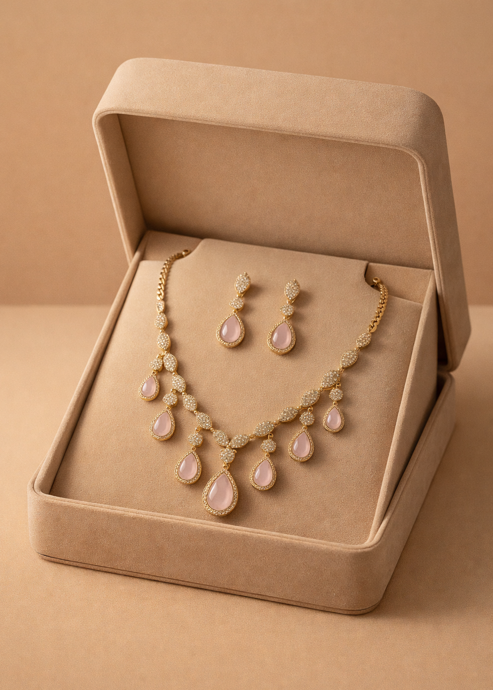 Luxury Marquise Leaf Pattern Gold Necklace with Blush Pink Stones