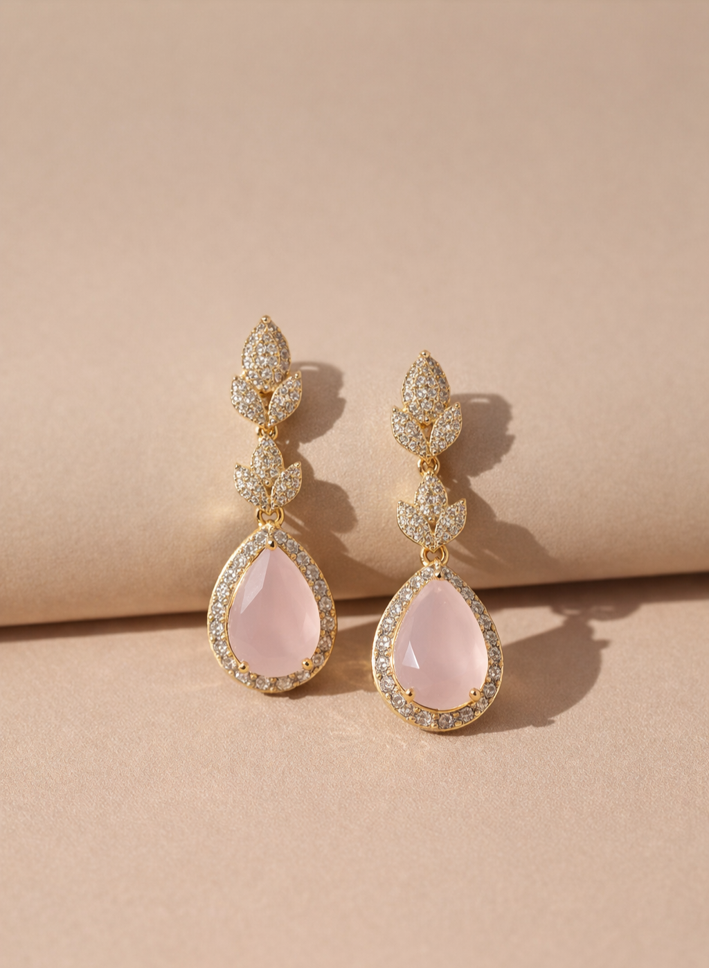 Luxury Marquise Leaf Pattern Gold Necklace with Blush Pink Stones