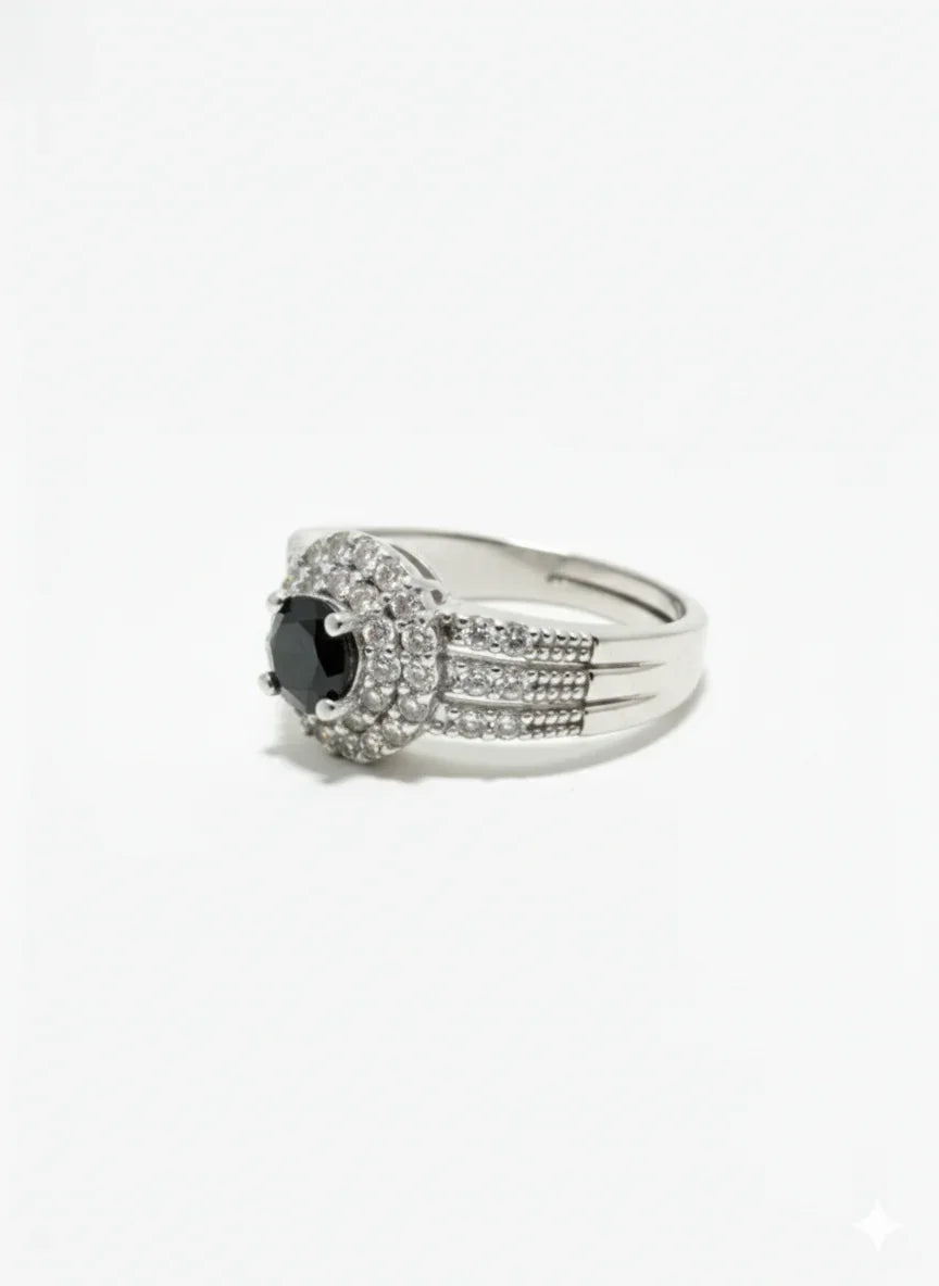 Silver Halo Ring – Adjustable Elegance in Black & Diamond Shine