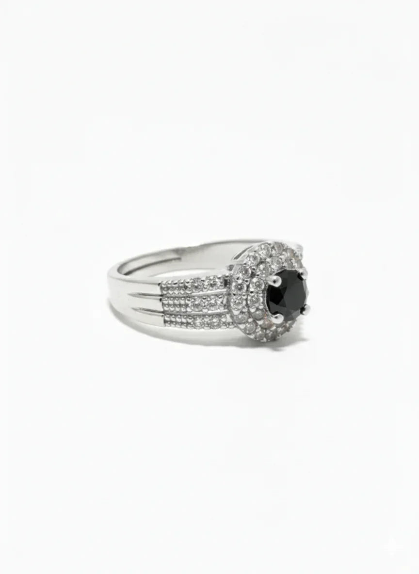 Silver Halo Ring – Adjustable Elegance in Black & Diamond Shine