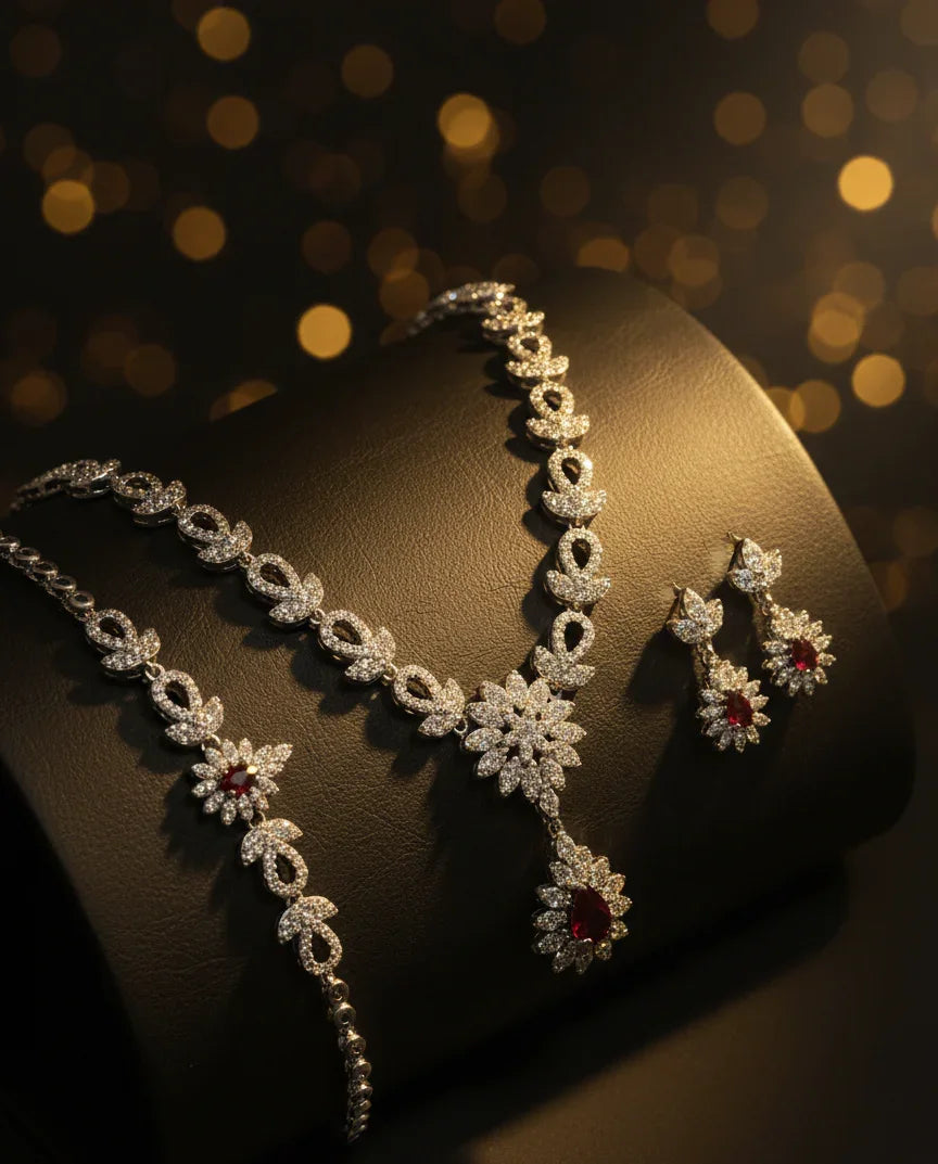 "Regal Blossom Set – 925 Silver with Deep Red Gemstones"