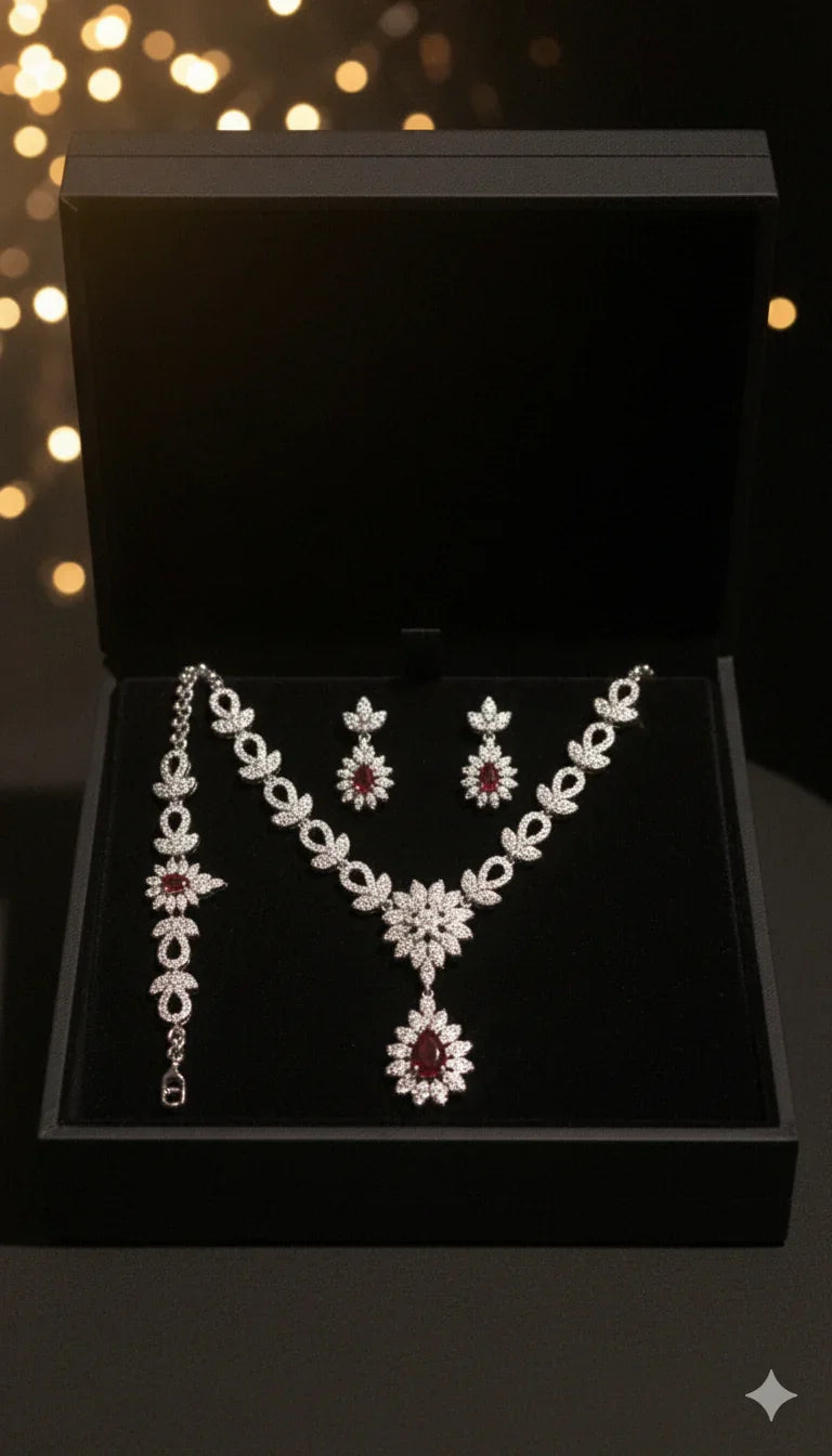 "Regal Blossom Set – 925 Silver with Deep Red Gemstones"