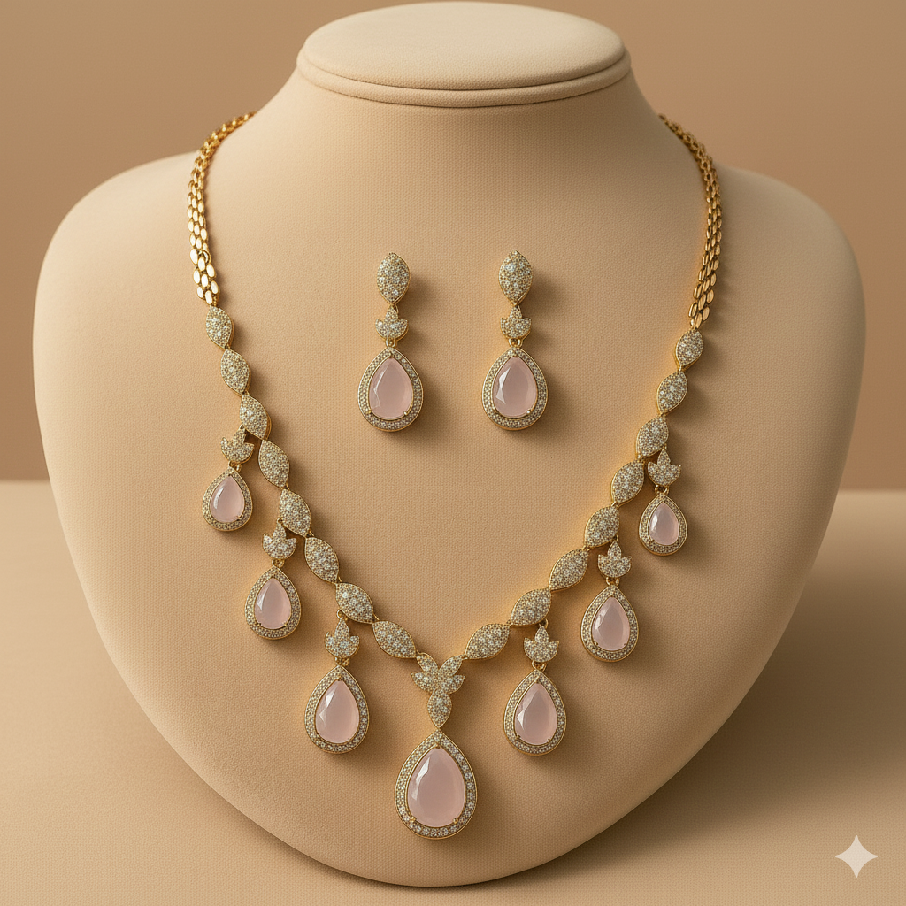 Luxury Marquise Leaf Pattern Gold Necklace with Blush Pink Stones