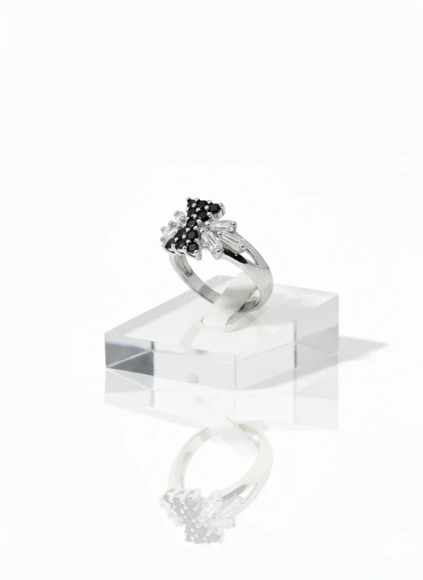 Elegant Silver Adjustable Ring with Black Crystal Detailing