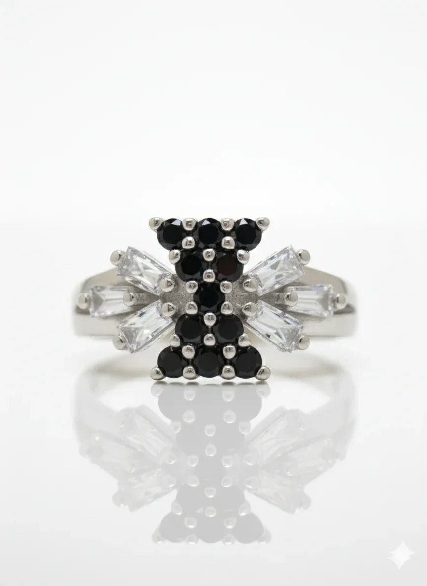 Elegant Silver Adjustable Ring with Black Crystal Detailing