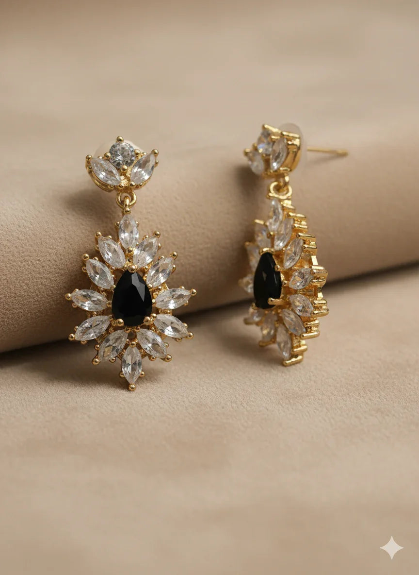 Elegant Black Stone Crystal Flower Earrings – Timeless Luxury Charm