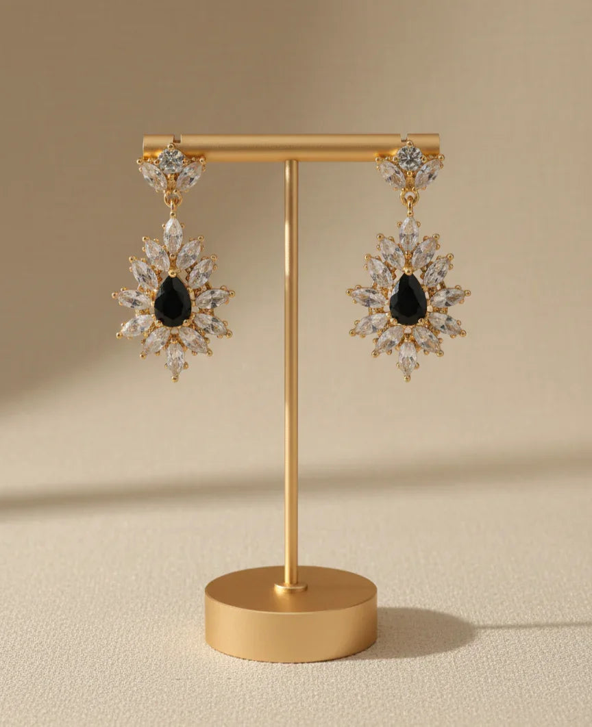Elegant Black Stone Crystal Flower Earrings – Timeless Luxury Charm