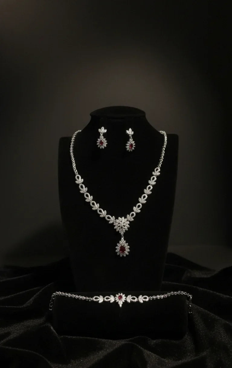"Regal Blossom Set – 925 Silver with Deep Red Gemstones"