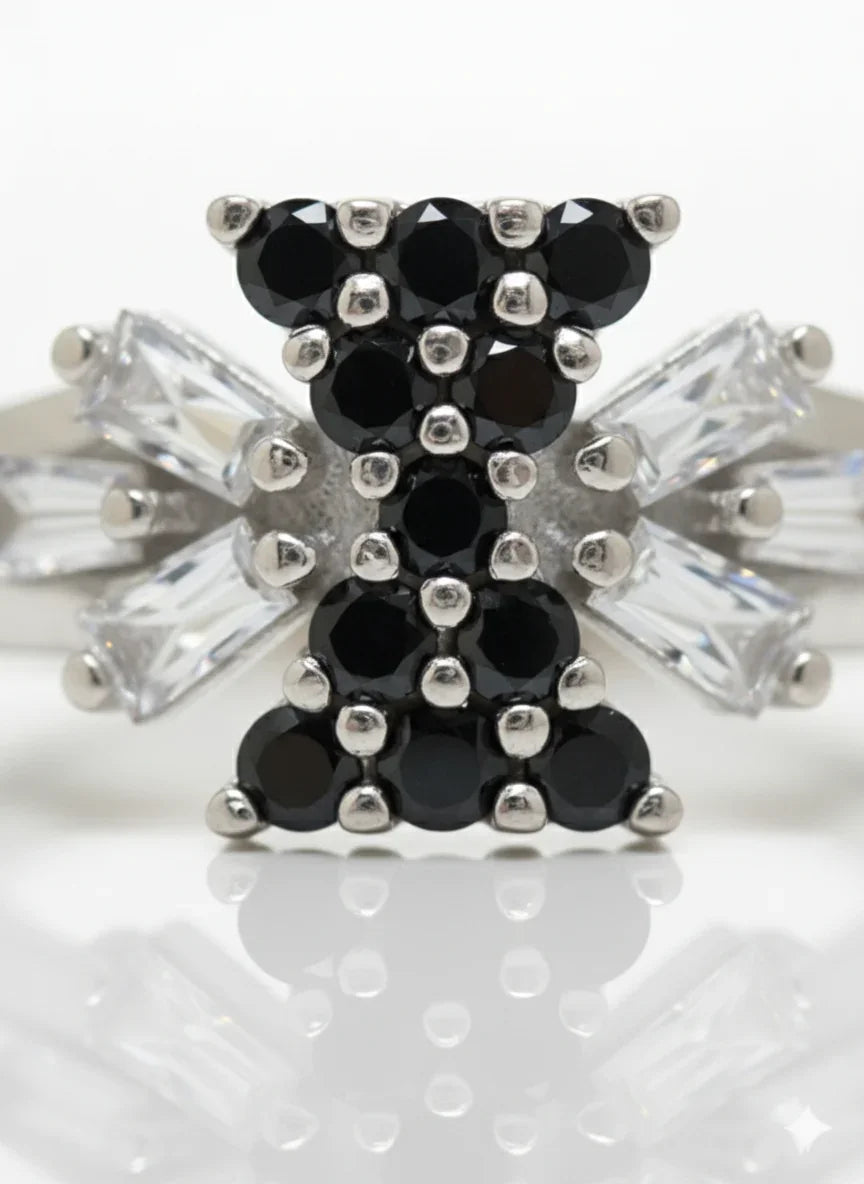 Elegant Silver Adjustable Ring with Black Crystal Detailing