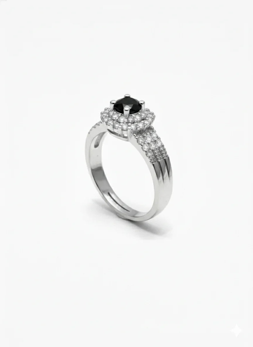 Silver Halo Ring – Adjustable Elegance in Black & Diamond Shine