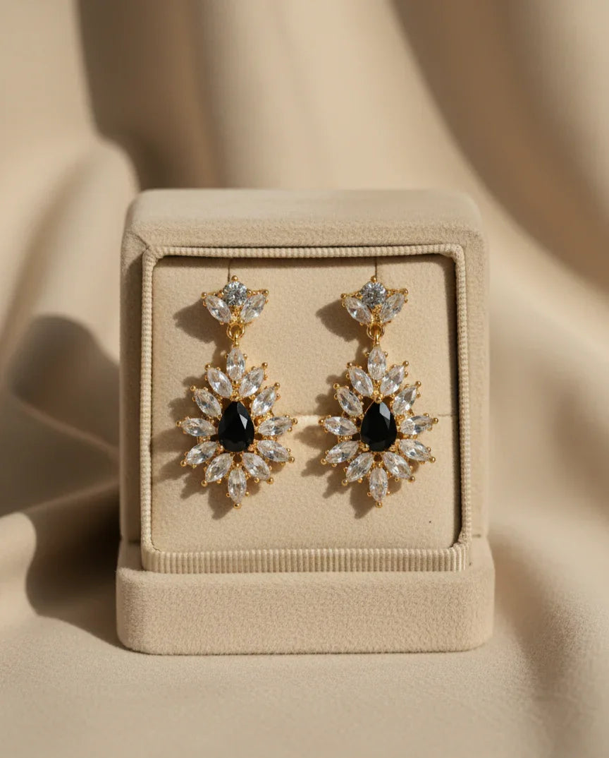 Elegant Black Stone Crystal Flower Earrings – Timeless Luxury Charm