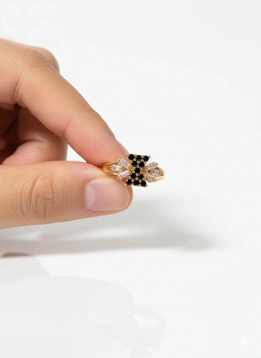 Luxury Adjustable Gold Ring with Black Crystal Detailing