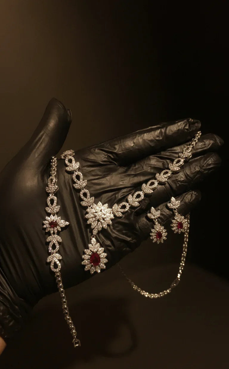 "Regal Blossom Set – 925 Silver with Deep Red Gemstones"