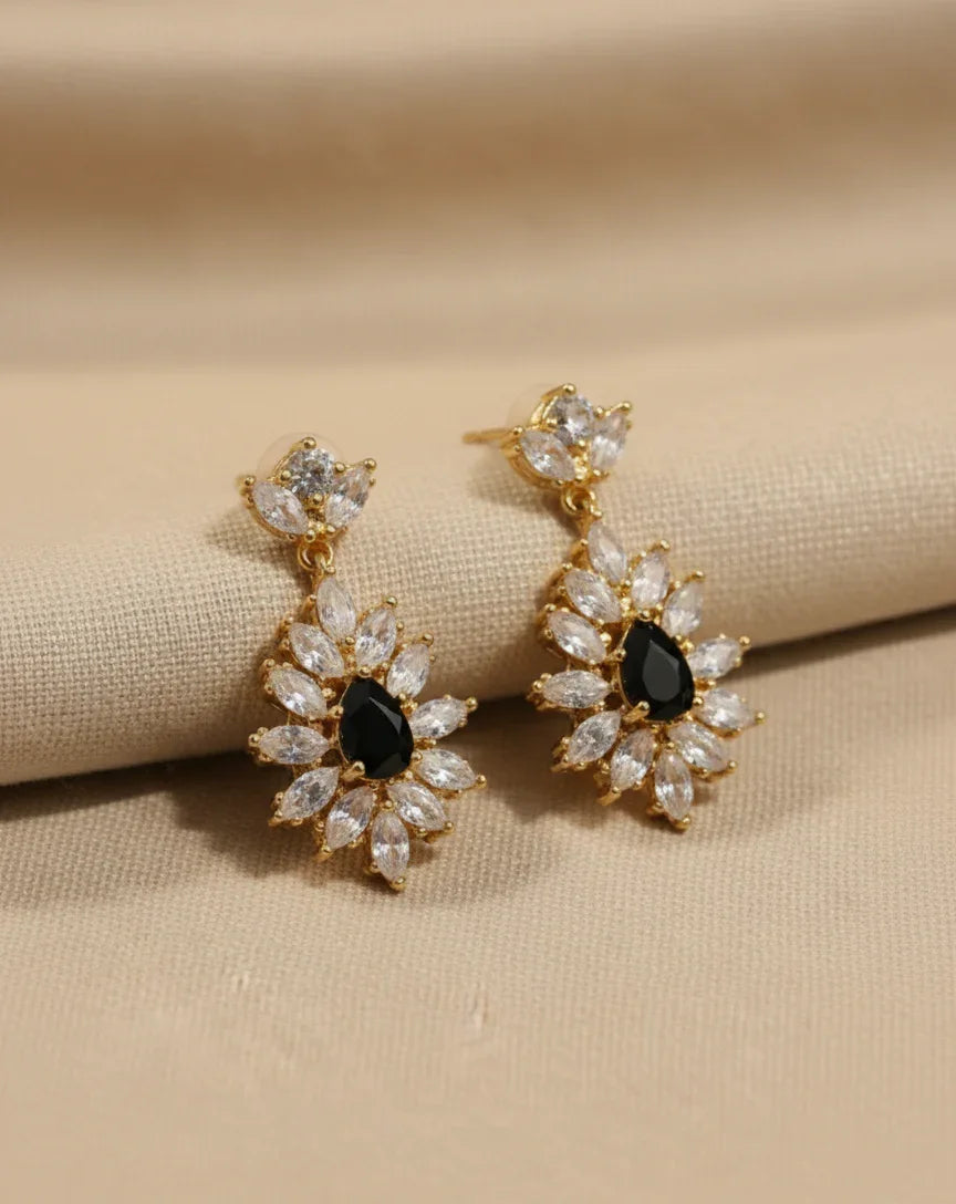 Elegant Black Stone Crystal Flower Earrings – Timeless Luxury Charm