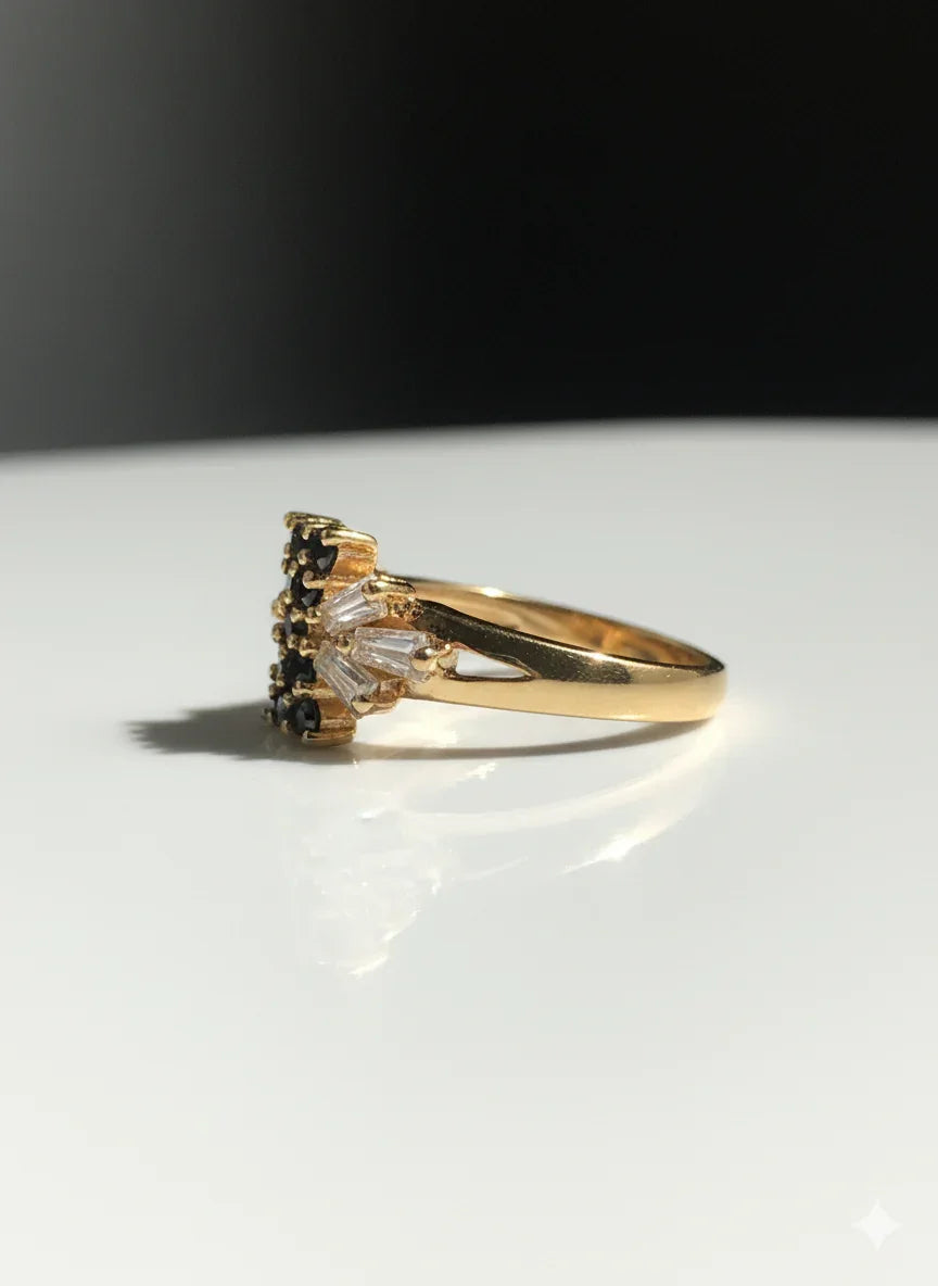 Luxury Adjustable Gold Ring with Black Crystal Detailing