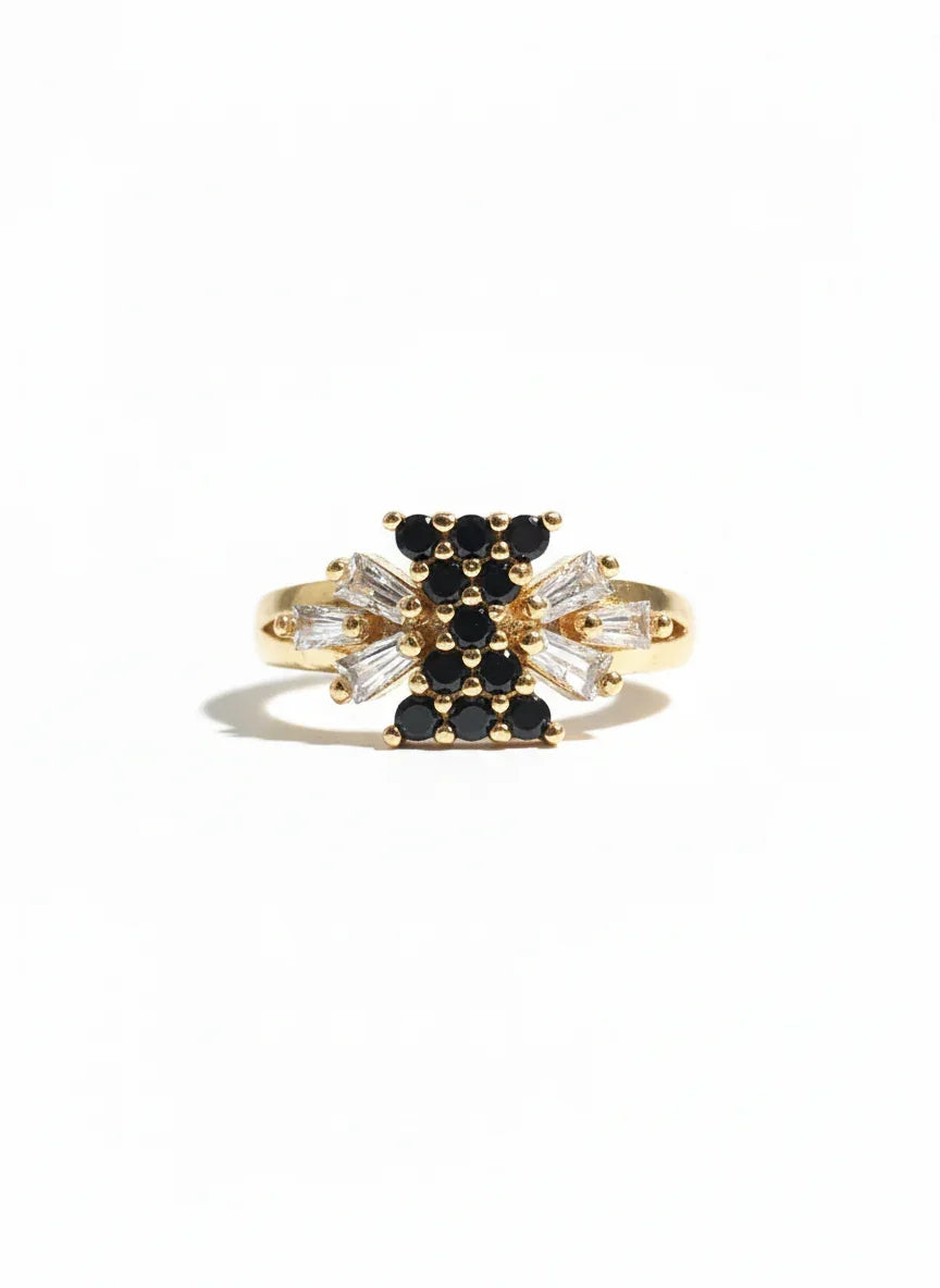Luxury Adjustable Gold Ring with Black Crystal Detailing