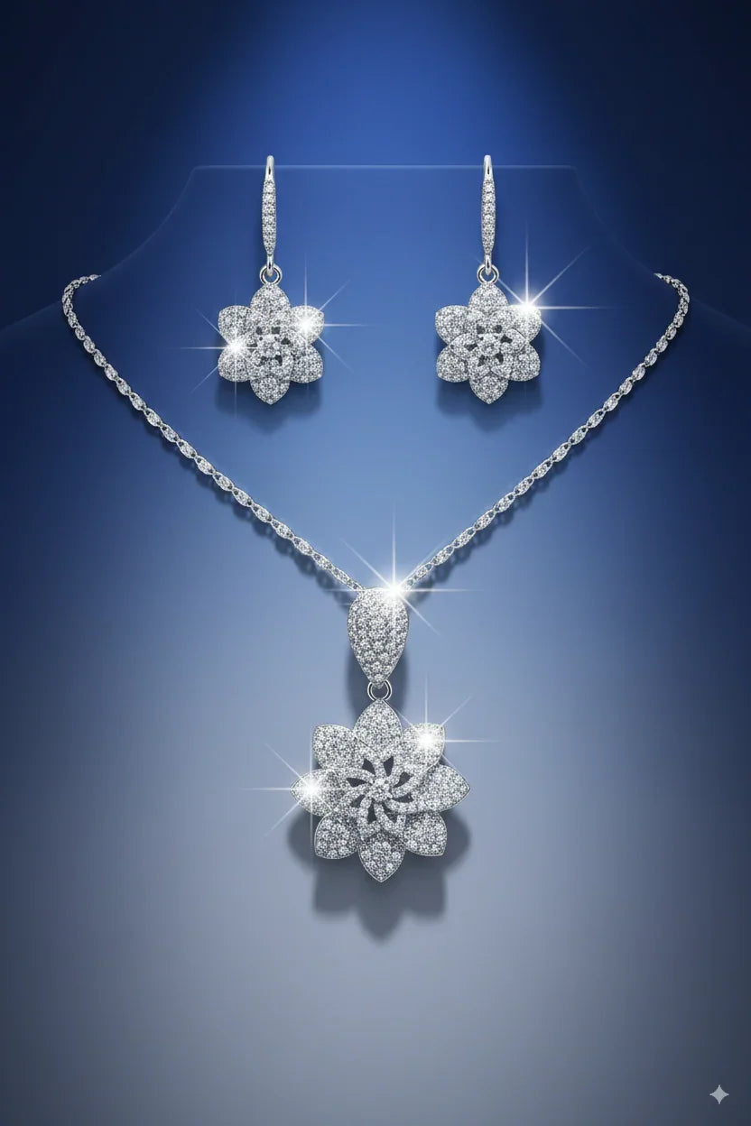 Luxury Floral Crystal Necklace & Earrings Set – Elegant Sparkle