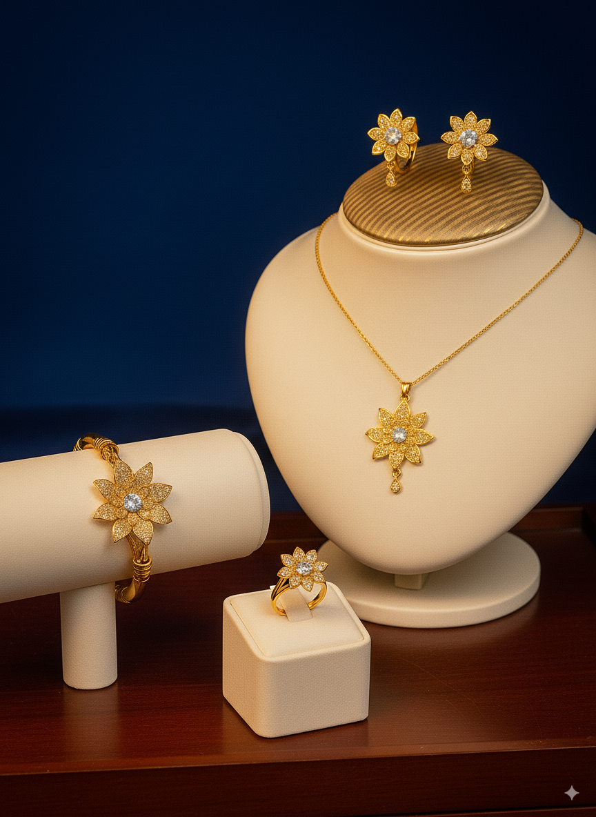 Floral Diamond-Inspired Jewelry Set – Bracelet, Ring, Necklace & Earrings