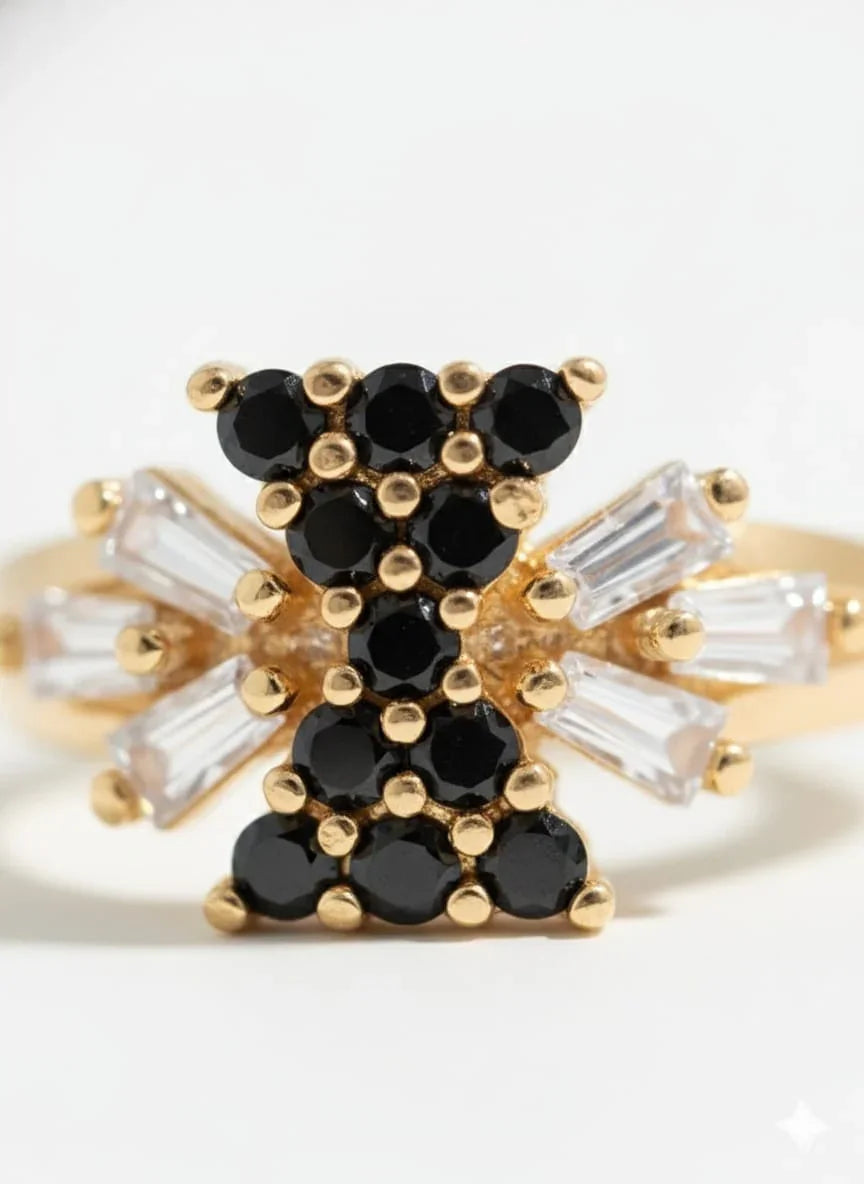 Luxury Adjustable Gold Ring with Black Crystal Detailing